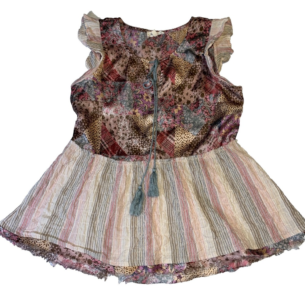 Mystree Patchwork Tank Top Small Peasant Boho Cottagecore Stripe Ruffle Fairy